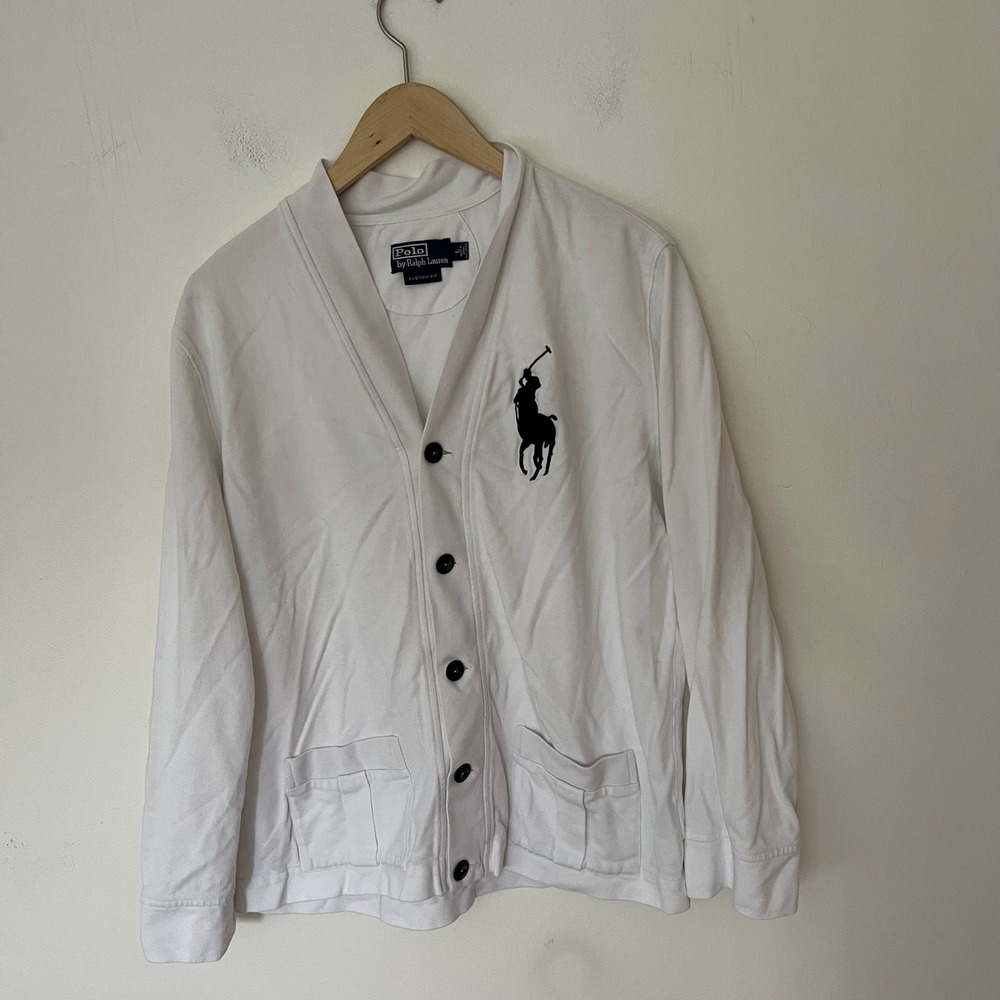 Polo Ralph Lauren Mens White Big Pony Cotton Pique Cardigan Sweater Large